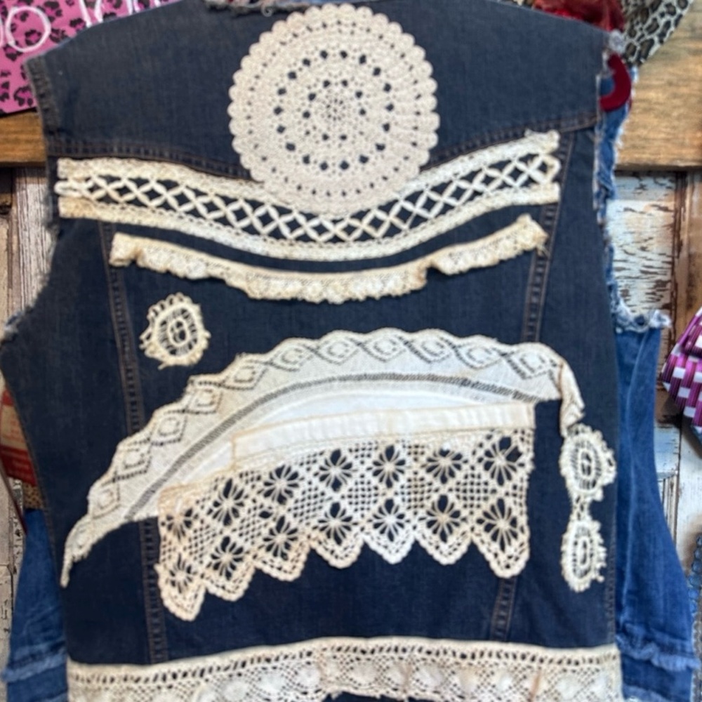UpCycled Recycled Handmade Reworked Vintage Dyed Lace Denim Vest Gypsy Western
